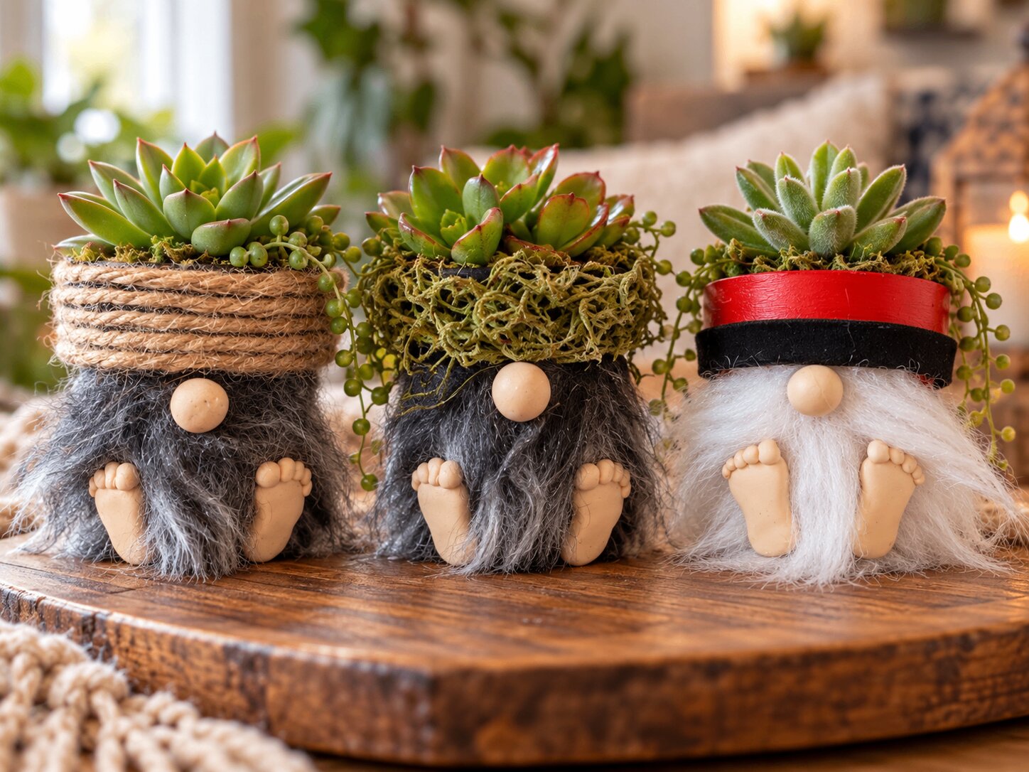 Three handmade mini gnome planters with succulents