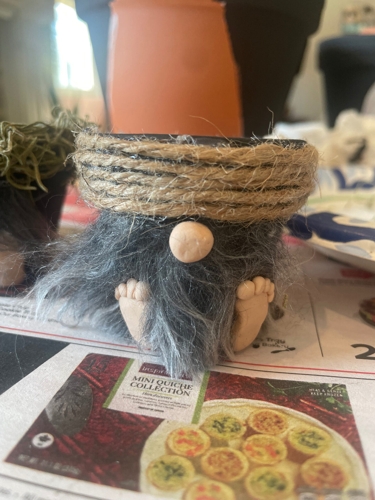 Mini gnome planter with a twine hat and fuzzy gray beard