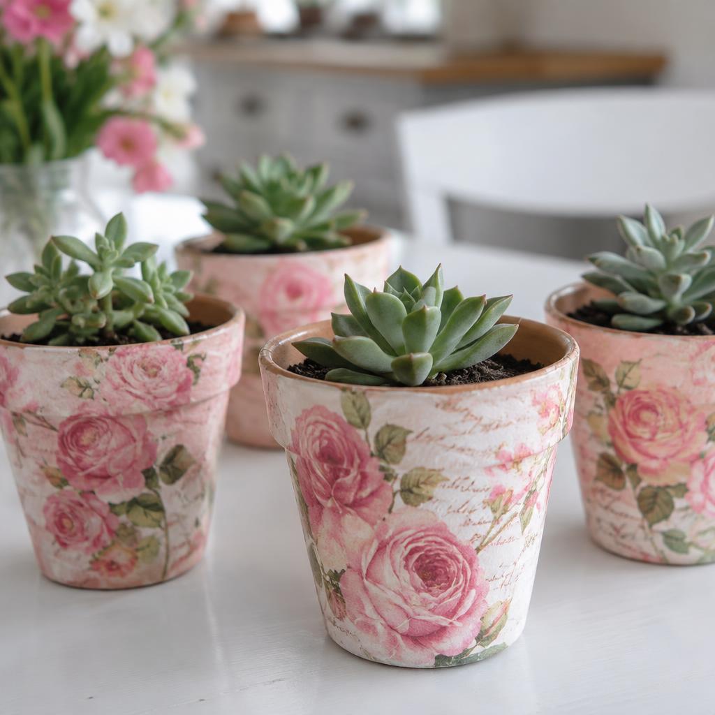 Floral decoupage terracotta pots with succulents